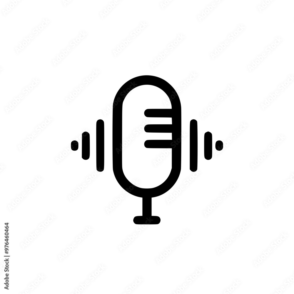 Illustration of a microphone with sound waves representing audio recording or podcast. Illustration of a microphone with sound waves representing audio recording or podcast.