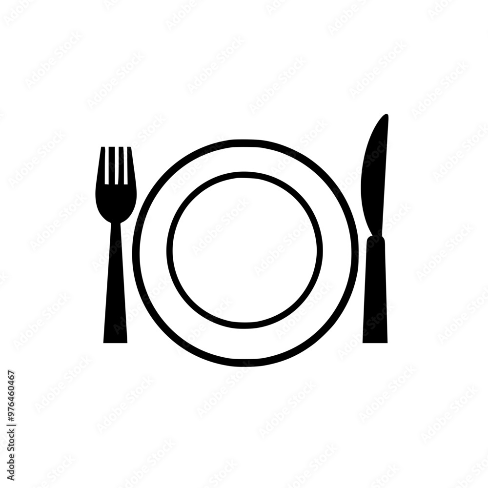 Black and white illustration of a dining set with plate, fork, and knife. Black and white illustration of a dining set with plate, fork, and knife.