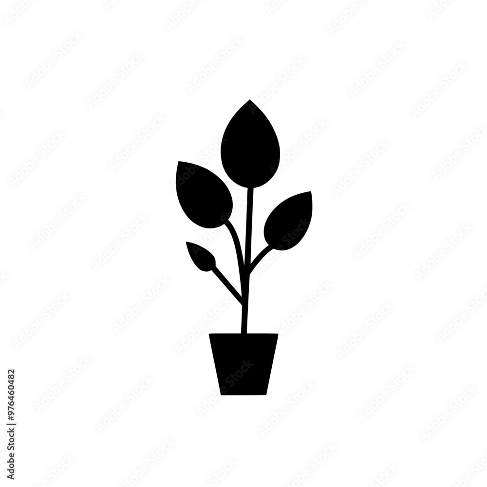 Simple black silhouette of a potted plant with four leaves on a white background. Simple black silhouette of a potted plant with four leaves on a white background.