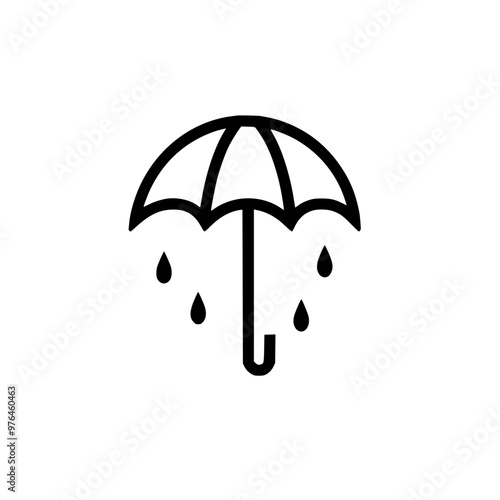 Simple black and white umbrella icon with raindrops, indicating rain protection.