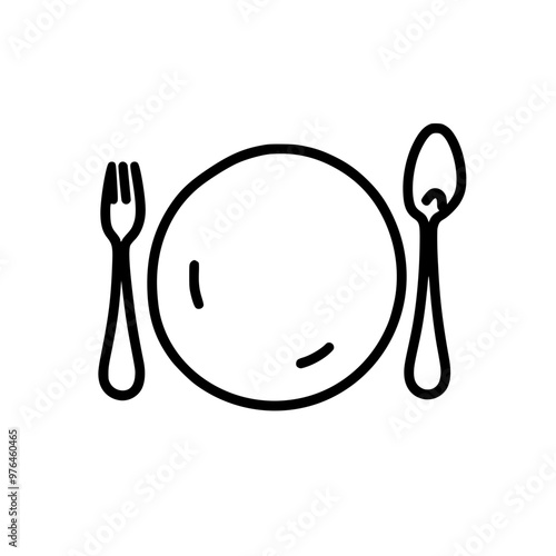 Simple black and white line drawing of a plate with a fork and spoon on either side.
