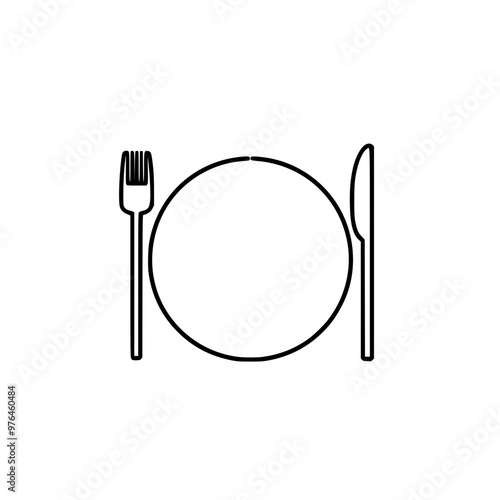 Minimalist line art of a dinner plate with fork and knife.