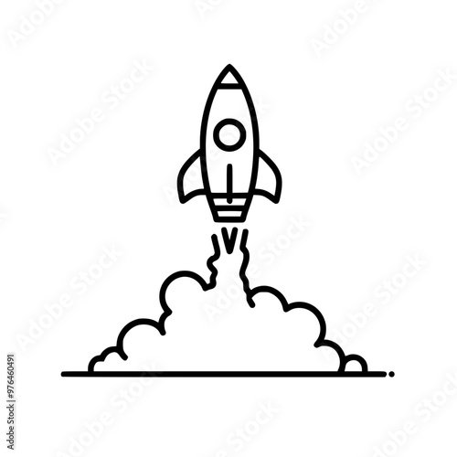 Simple black and white illustration of a rocket launching with smoke clouds.