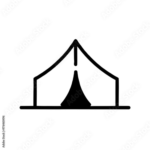 Minimalist black and white icon of a camping tent, perfect for outdoor and travel design themes.