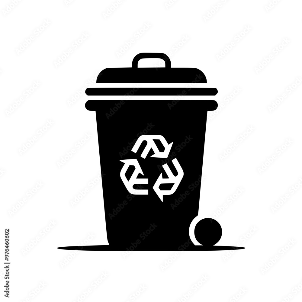Black and white icon of a recycling bin with a ball next to it, showcasing environmental awareness. Black and white icon of a recycling bin with a ball next to it, showcasing environmental awareness.