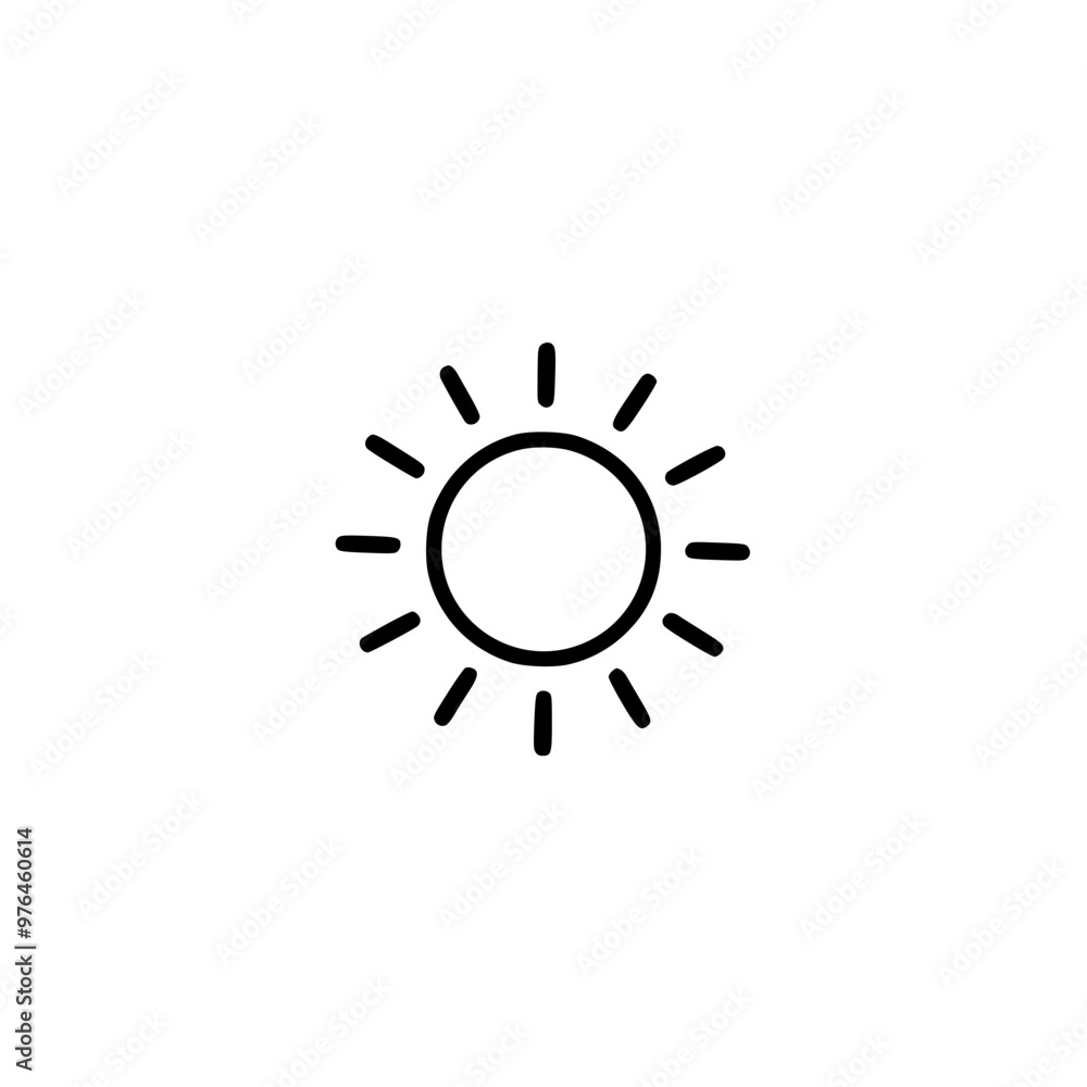 Minimal black and white sun icon with rays extending outward. Minimal black and white sun icon with rays extending outward.