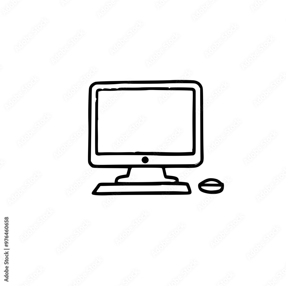 Minimalistic black and white outline of a computer monitor with a keyboard and mouse on a white background. Minimalistic black and white outline of a computer monitor with a keyboard and mouse on a white background.