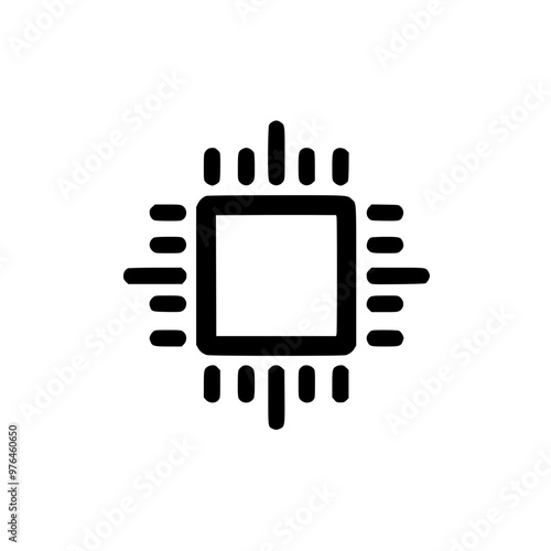 Minimalist black and white icon of a microchip with radiating lines on a white background.