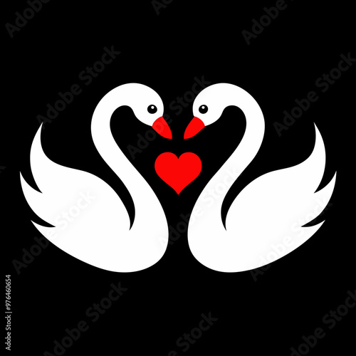 A pair of white swans with red hearts, symbolizing love for Valentine's Day
