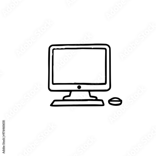 Minimalistic black and white outline of a computer monitor with a keyboard and mouse on a white background.