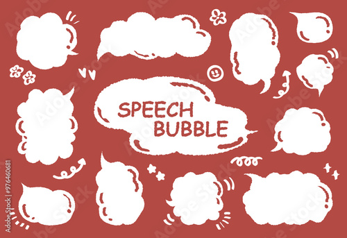 Set of hand drawn style cute memo sticker with pink background. Variety abstract shapes of white speech bubble. Crayon draw style frame . Chat box balloon cloud. Retro blank label tag vector for text