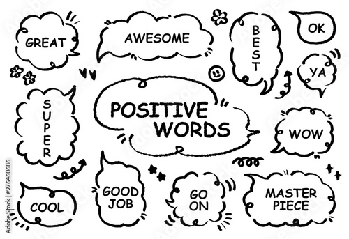 Comic style cute quote colorful speech bubble with positive words. Set of hand drawn memo frame. Cartoon doodle crayon drawing cloud, box, message. Flat vector. Best, Awesome, WOW, Master, Piece, Go