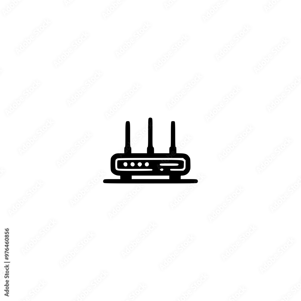 Black and white icon of a wireless router with three antennas. Black and white icon of a wireless router with three antennas.