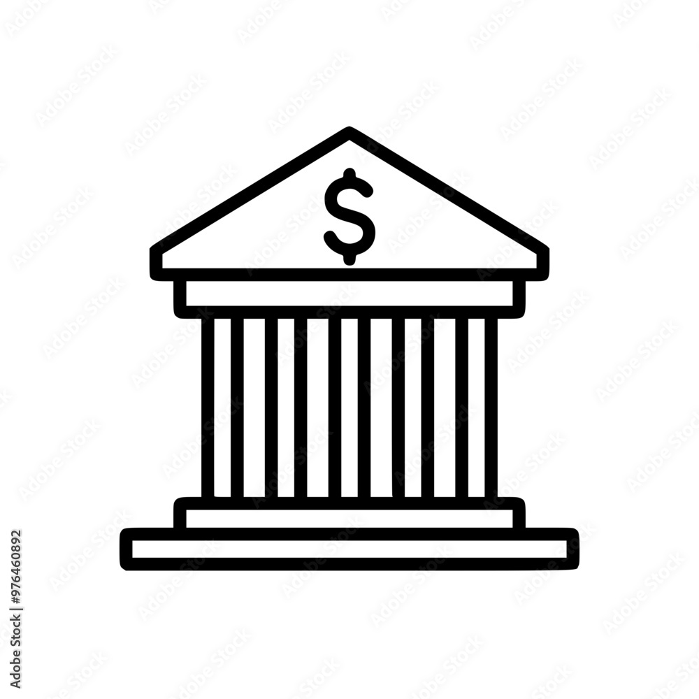 Black and white icon of a bank building with a dollar sign on the roof. Black and white icon of a bank building with a dollar sign on the roof.
