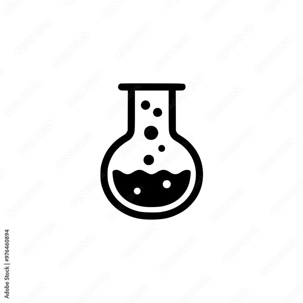 Black laboratory flask icon with bubbles on a white background, symbolizing chemistry and science. Black laboratory flask icon with bubbles on a white background, symbolizing chemistry and science.