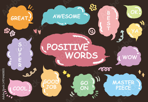 Comic style cute quote colorful speech bubble with positive words. Set of hand drawn memo frame. Cartoon doodle crayon drawing cloud, box, message. Flat vector. Best, Awesome, WOW, Master, Piece, Go