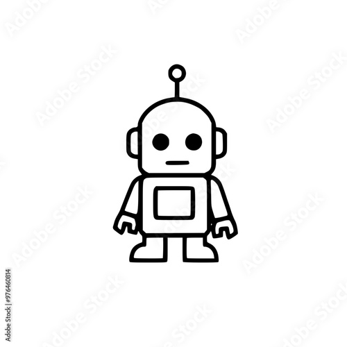 Simple black and white line drawing of a cute robot with a rectangular body and an antenna on its head.