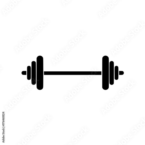 Black silhouette of a barbell with weights on both ends on a white background.