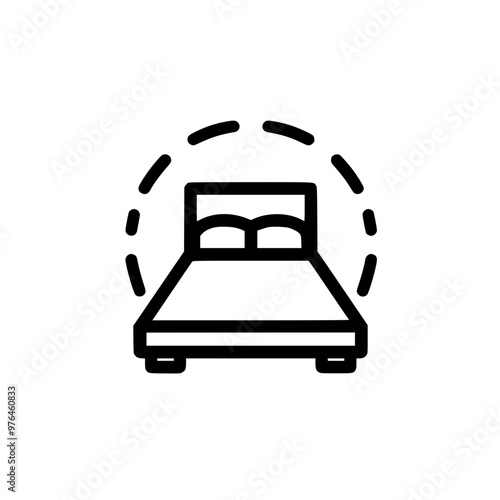 Minimalist black and white line art of a bed with circular accents.