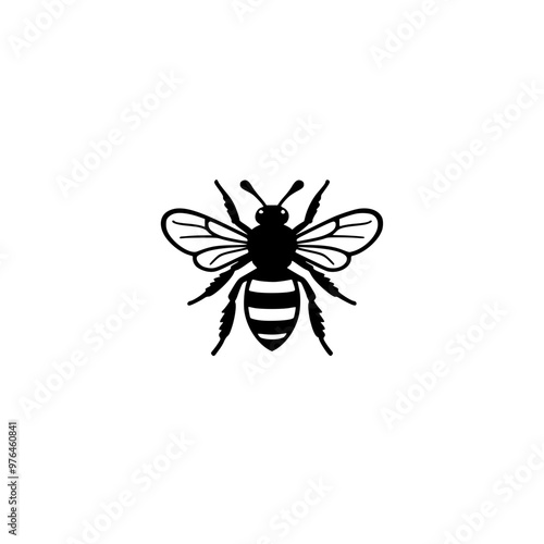 Black and white silhouette of a bee with detailed wings and striped body.