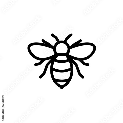 Simple black and white illustration of a bee with clear wings and striped body.