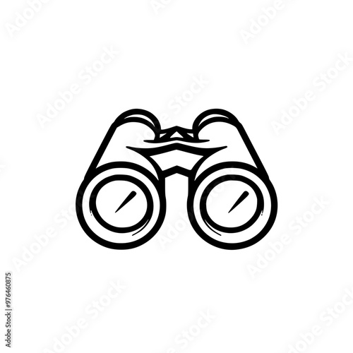 Black and white minimalist line art illustration of binoculars for exploration and observation.