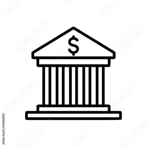 Black and white icon of a bank building with a dollar sign on the roof.