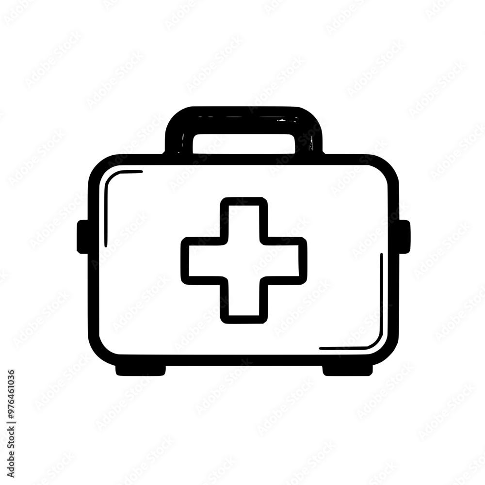Black and white illustration of a first aid kit with a cross symbol in the center. Black and white illustration of a first aid kit with a cross symbol in the center.