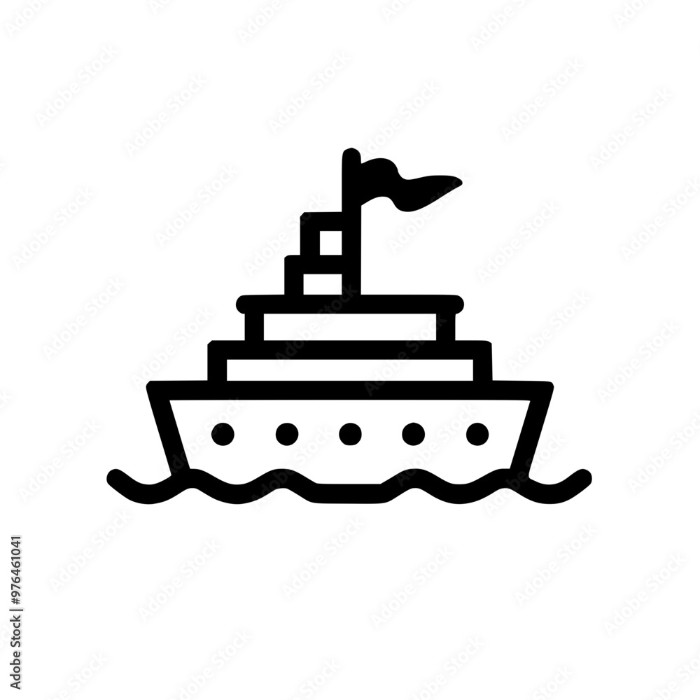 Black and white illustration of a ship with a flag sailing on the sea. Black and white illustration of a ship with a flag sailing on the sea.