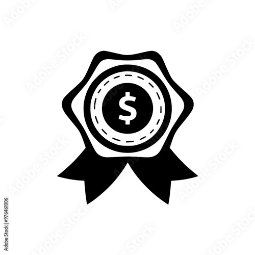 Black and white reward ribbon icon with a dollar sign symbolizing monetary achievement or recognition.