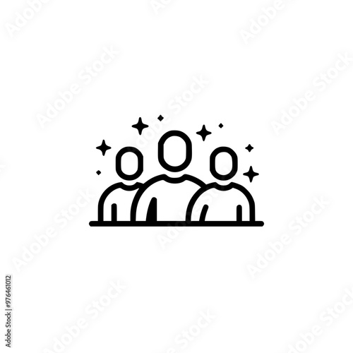 Minimalistic icon of a group of people with sparkles, representing community or teamwork.