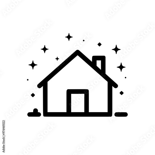 Minimalistic black and white line art of a house under twinkling stars.