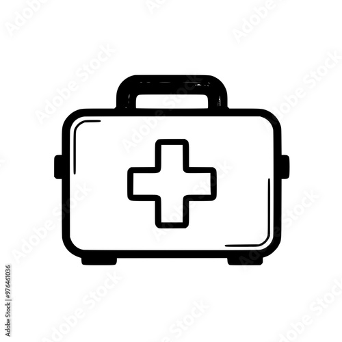 Black and white illustration of a first aid kit with a cross symbol in the center.