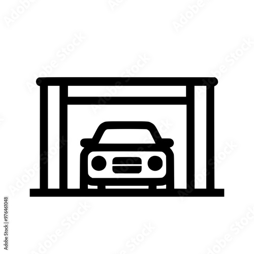 Simple black and white icon of a car parked inside a garage.