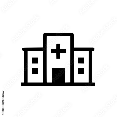 Simple black and white illustration of a hospital building with a cross symbol.
