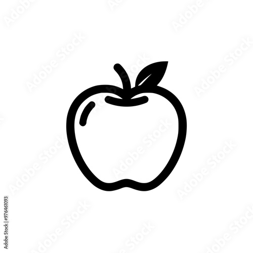 Simple black and white illustration of an apple with a leaf.