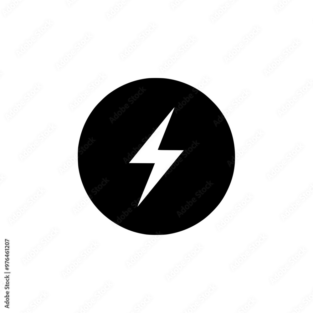 Black lightning bolt icon in a circular shape on a white background. Black lightning bolt icon in a circular shape on a white background.