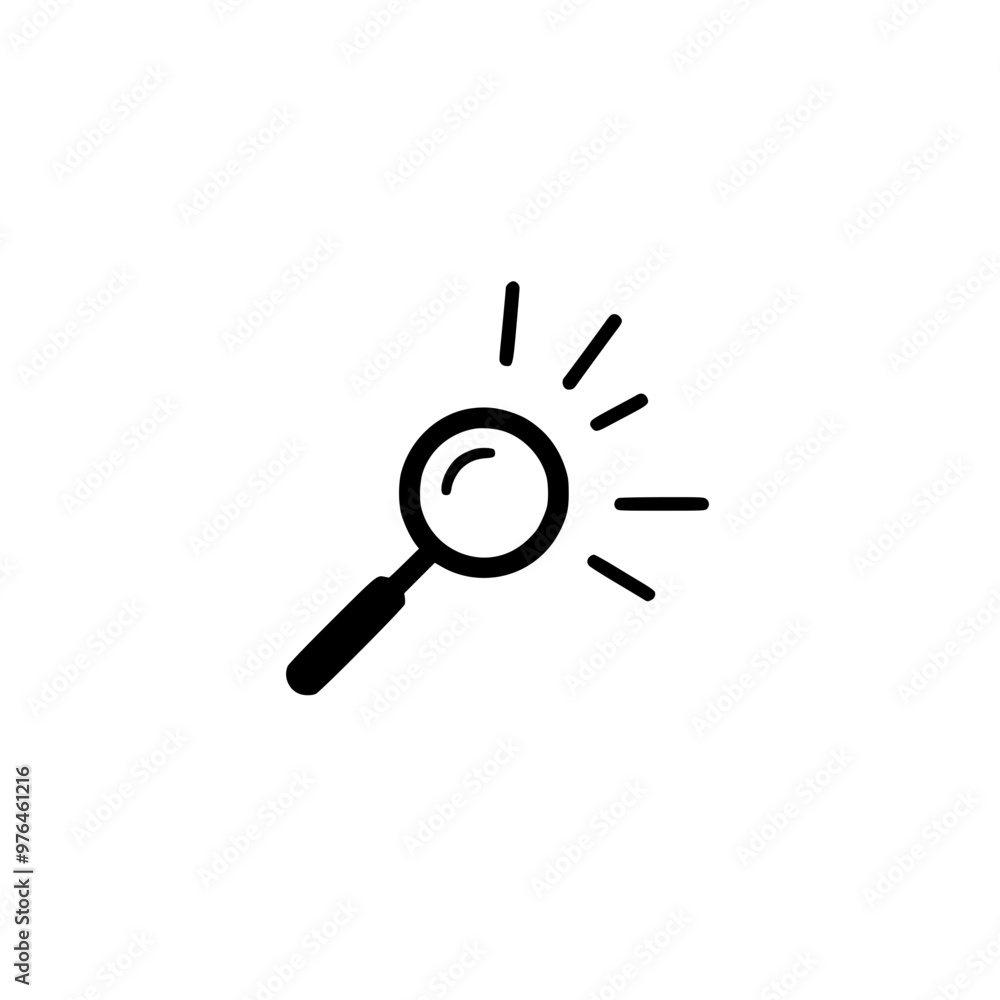 Simple black magnifying glass icon with rays on a white background. Simple black magnifying glass icon with rays on a white background.