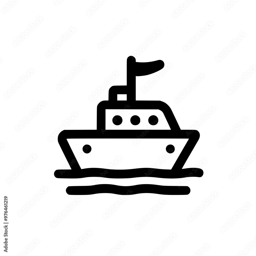 Simplistic black and white illustration of a boat with a flag sailing on water. Simplistic black and white illustration of a boat with a flag sailing on water.