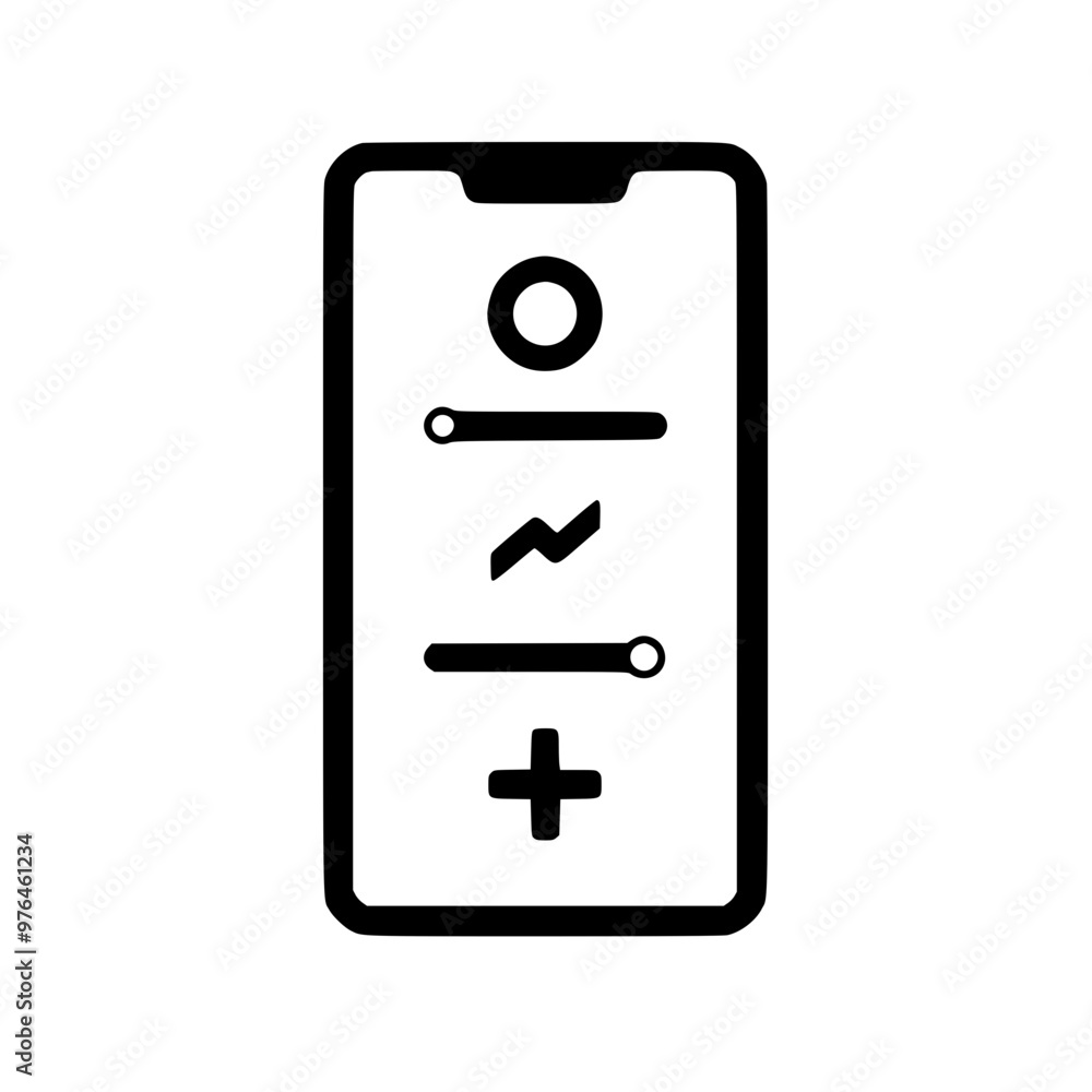 Minimalist monochrome icon of a smartphone with various symbols on the screen. Minimalist monochrome icon of a smartphone with various symbols on the screen.