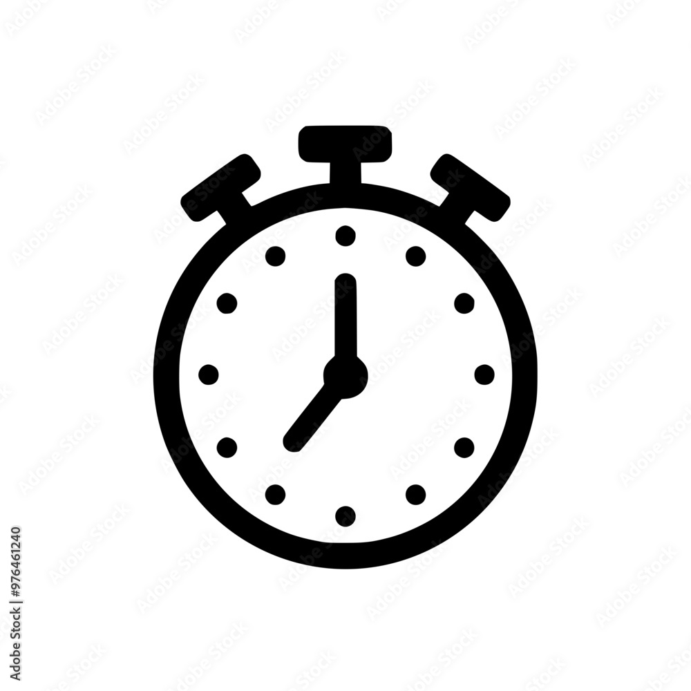 Black silhouette of a stopwatch with clear markings and buttons on a white background. Black silhouette of a stopwatch with clear markings and buttons on a white background.