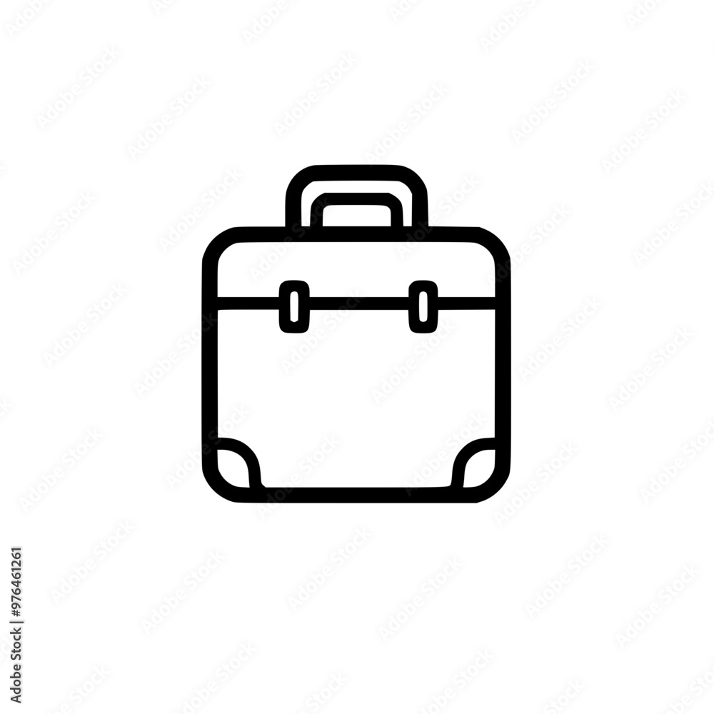 Simple black and white illustration of a briefcase with a handle and buckle straps. Simple black and white illustration of a briefcase with a handle and buckle straps.
