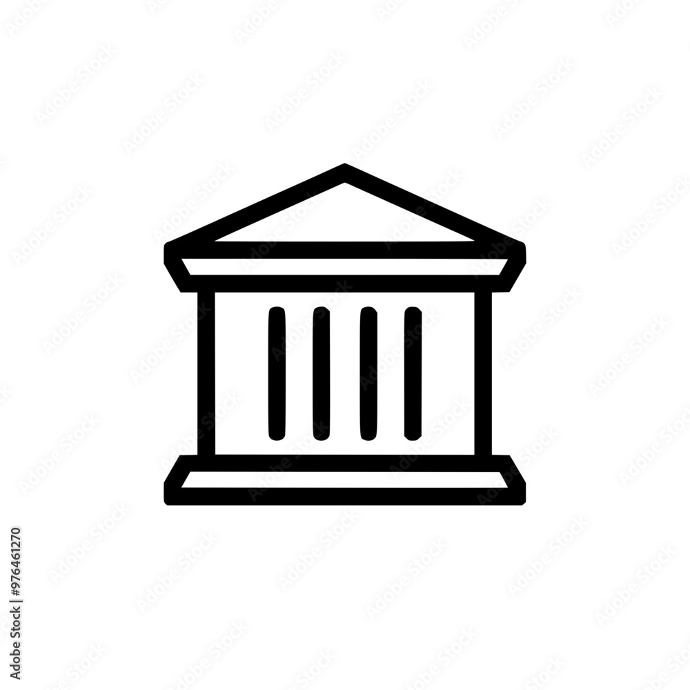 Simple black and white icon of a classical bank building with columns and a triangular roof. Simple black and white icon of a classical bank building with columns and a triangular roof.