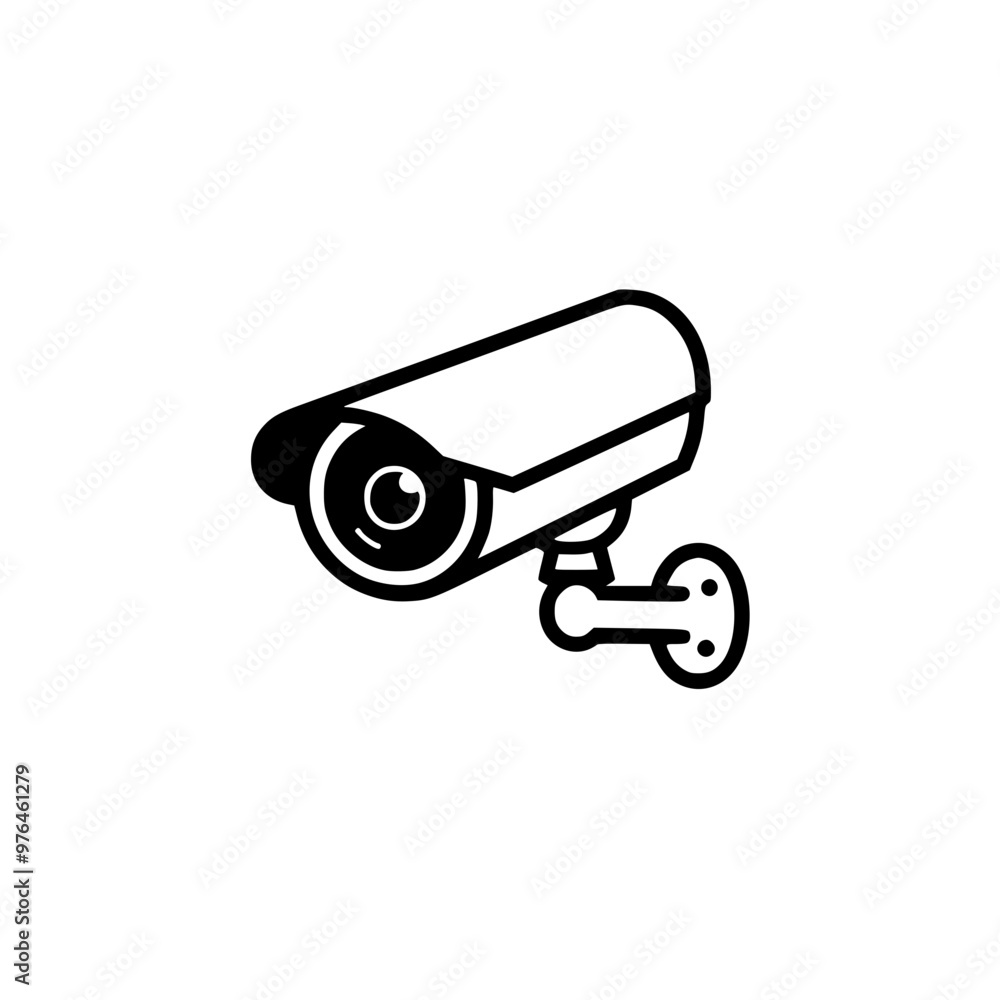 Black and white illustration of a security camera mounted on a wall. Black and white illustration of a security camera mounted on a wall.