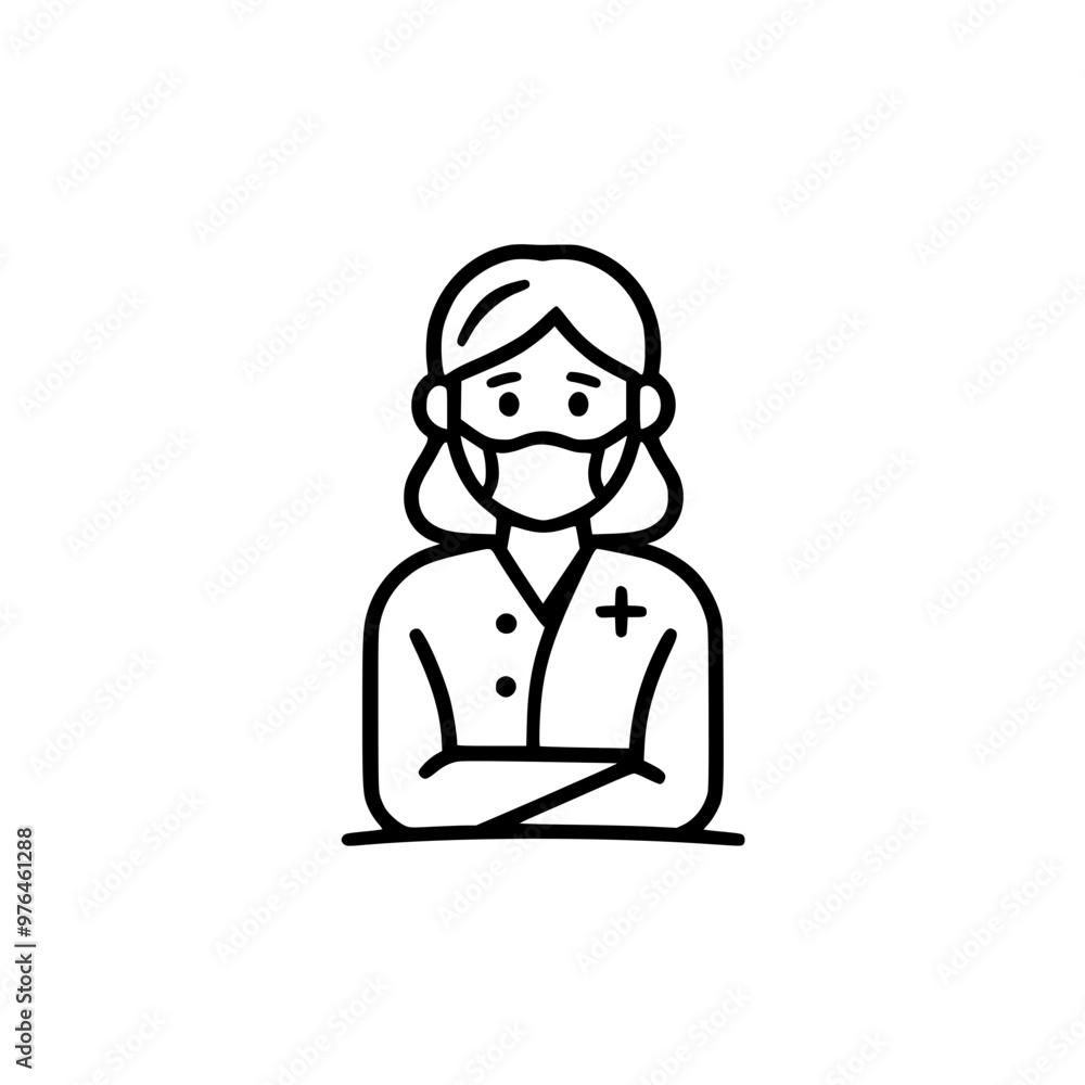 Black and white illustration of a female healthcare worker with a mask and uniform. Black and white illustration of a female healthcare worker with a mask and uniform.
