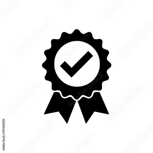 Black and white certification icon displaying a check mark inside a ribbon.