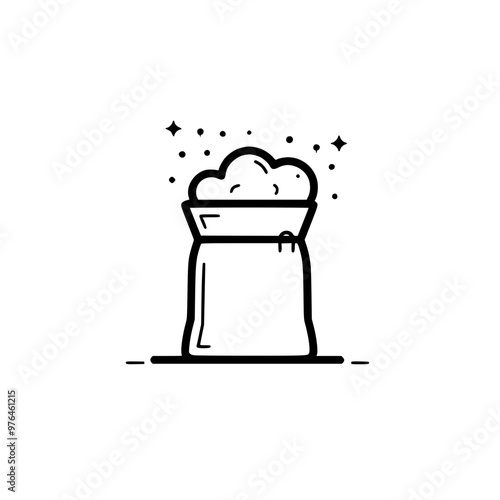 Simple monochrome illustration of a sack filled with fluffy contents, surrounded by sparkles.
