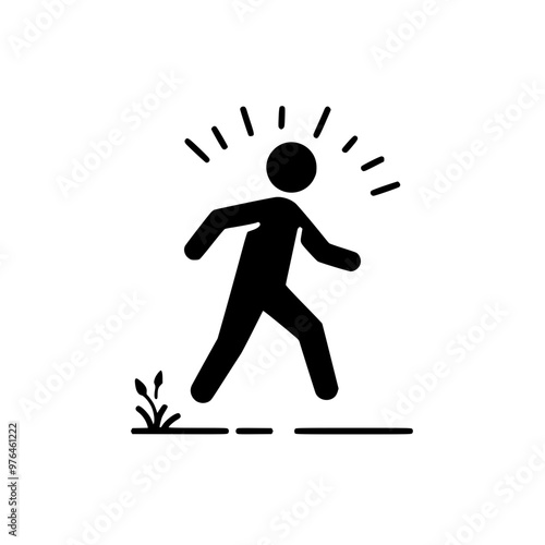 Simple black and white illustration of a walking figure with lines indicating movement or excitement.