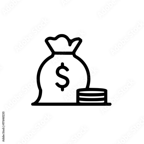 Black and white money bag and coins icon symbolizing savings and wealth.