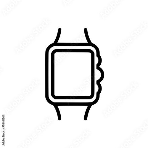 Minimalist line drawing of a digital smartwatch with a rectangular face, depicted in simple black strokes.